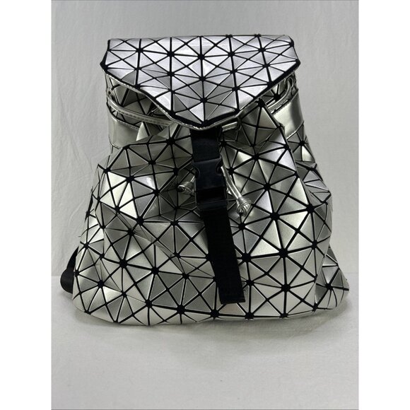 Sondra Roberts Squared Backpack Silver Metallic Geometric Pattern School Bag - Picture 1 of 8